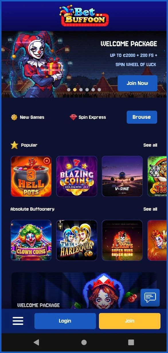 Optimised mobile version of the Bet Buffoon Casino website