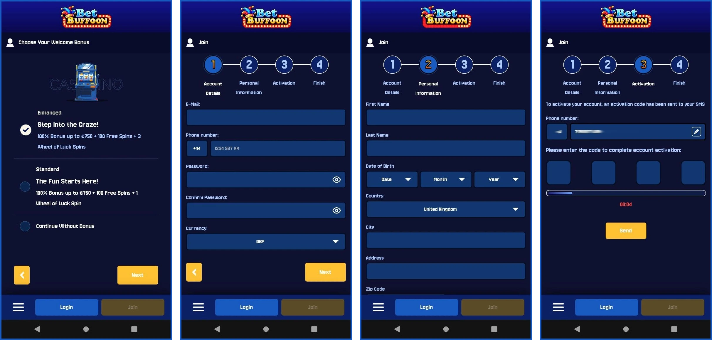 Quick registration for new players at Bet Buffoon Casino