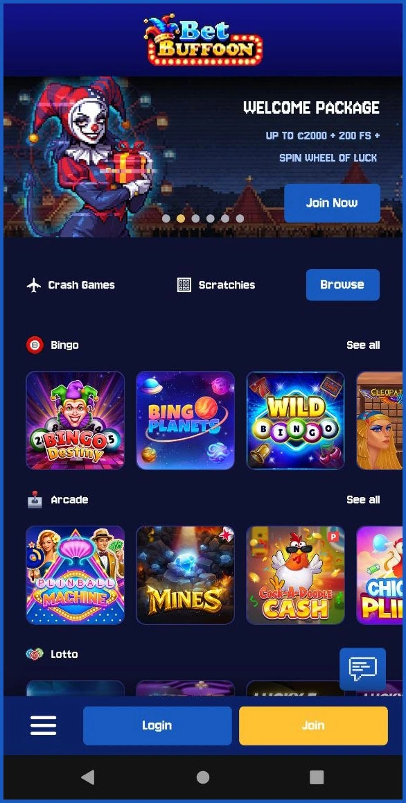 Optimised mobile version of the Bet Buffoon Casino website